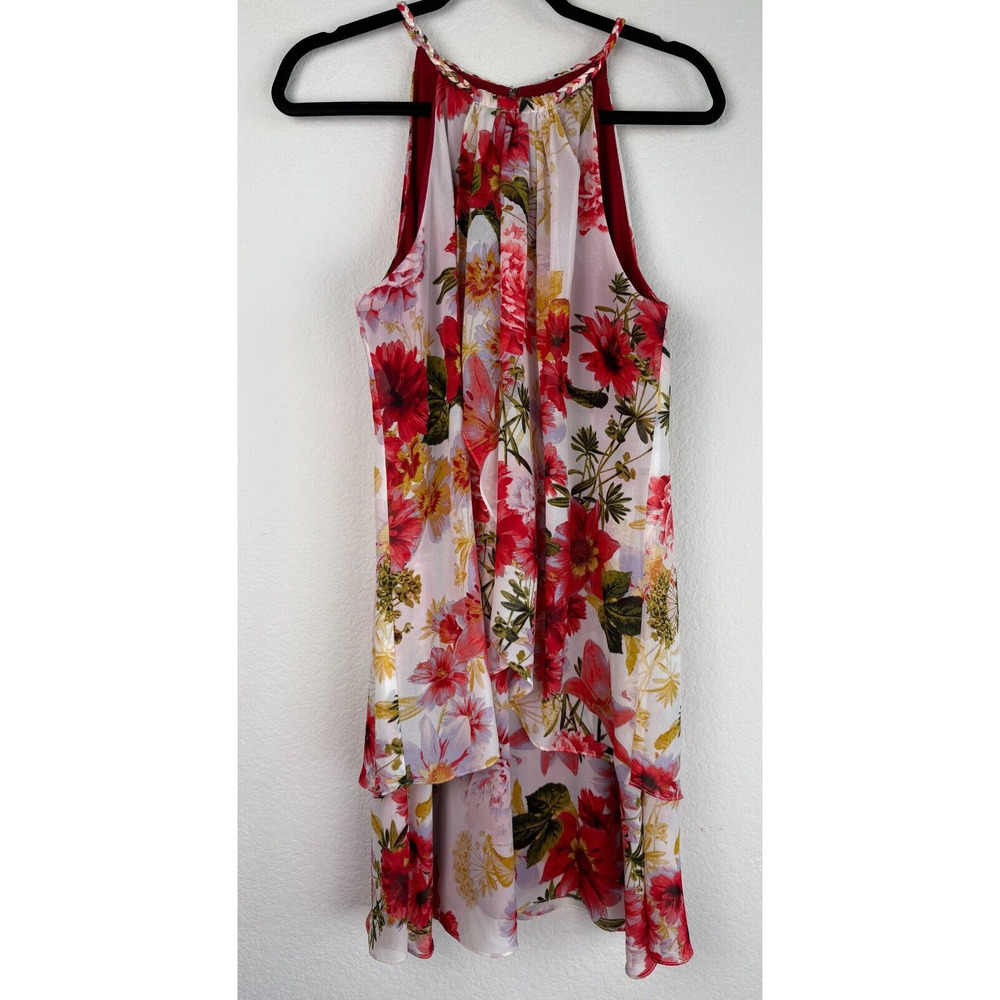 S.L. Fashions Women's Red Floral Chiffon Layered Halter Shift Fairycore Dress 12